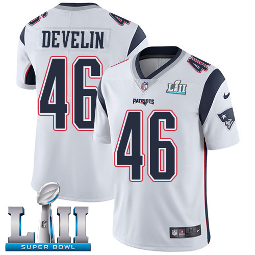 Nike Patriots #46 James Develin White Super Bowl LII Men's Stitched NFL Vapor Untouchable Limited Jersey - Click Image to Close
